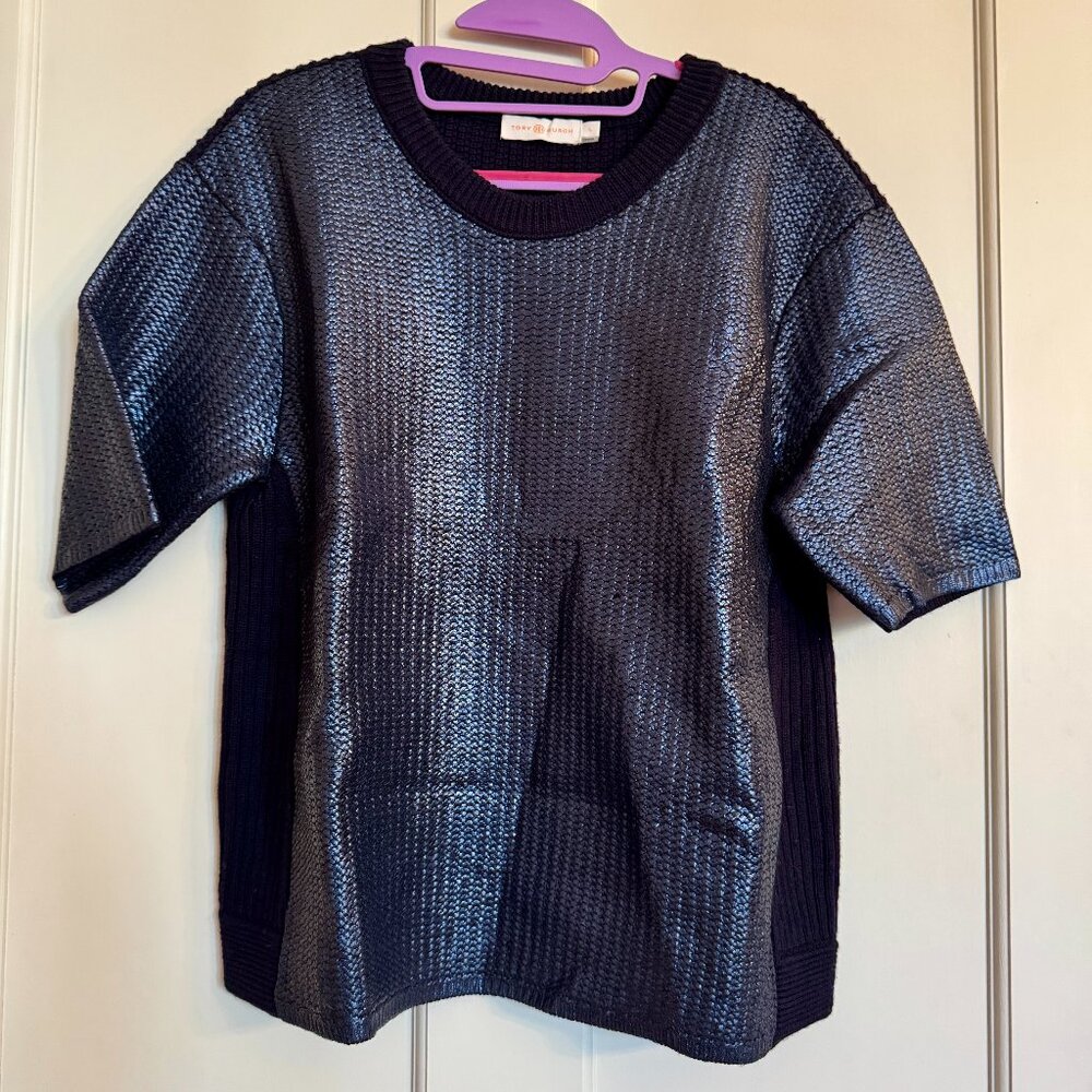 Tory Burch Merino Wool Textured Knit Sweater Navy Metallic Blue Size Large